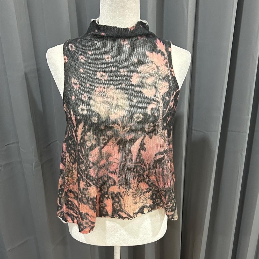 Anthropologie Cashmere Floral Mock Neck Blouse - Black and Pink